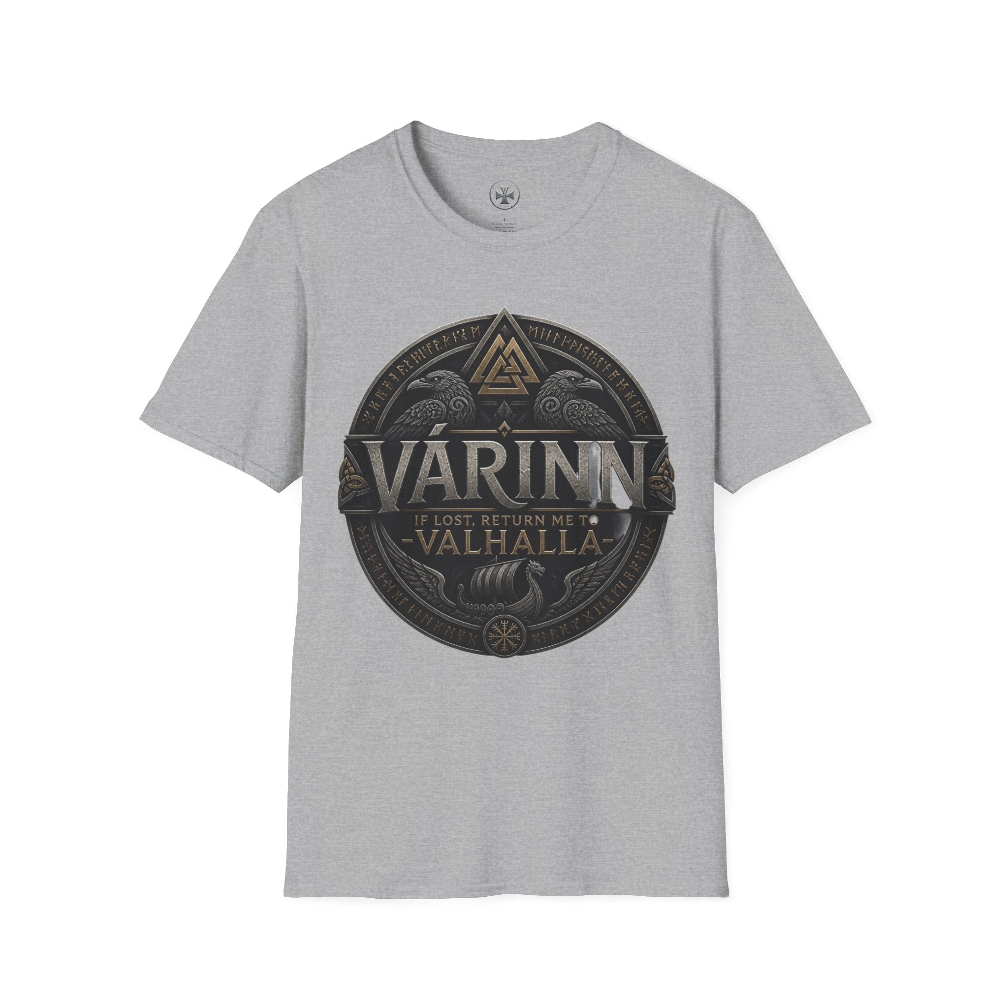 Várinn Valhalla Shield T-Shirt — Norse Viking Symbol Tee