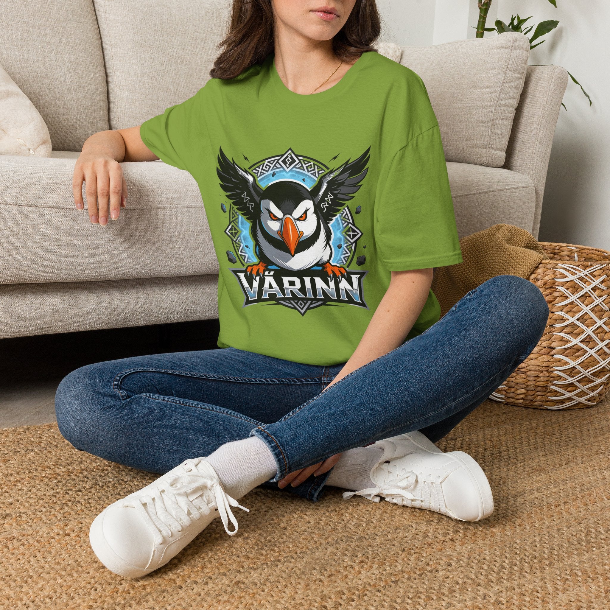 Viking Puffin T-Shirt — Bold Nordic Bird Graphic with "Várinn" Text