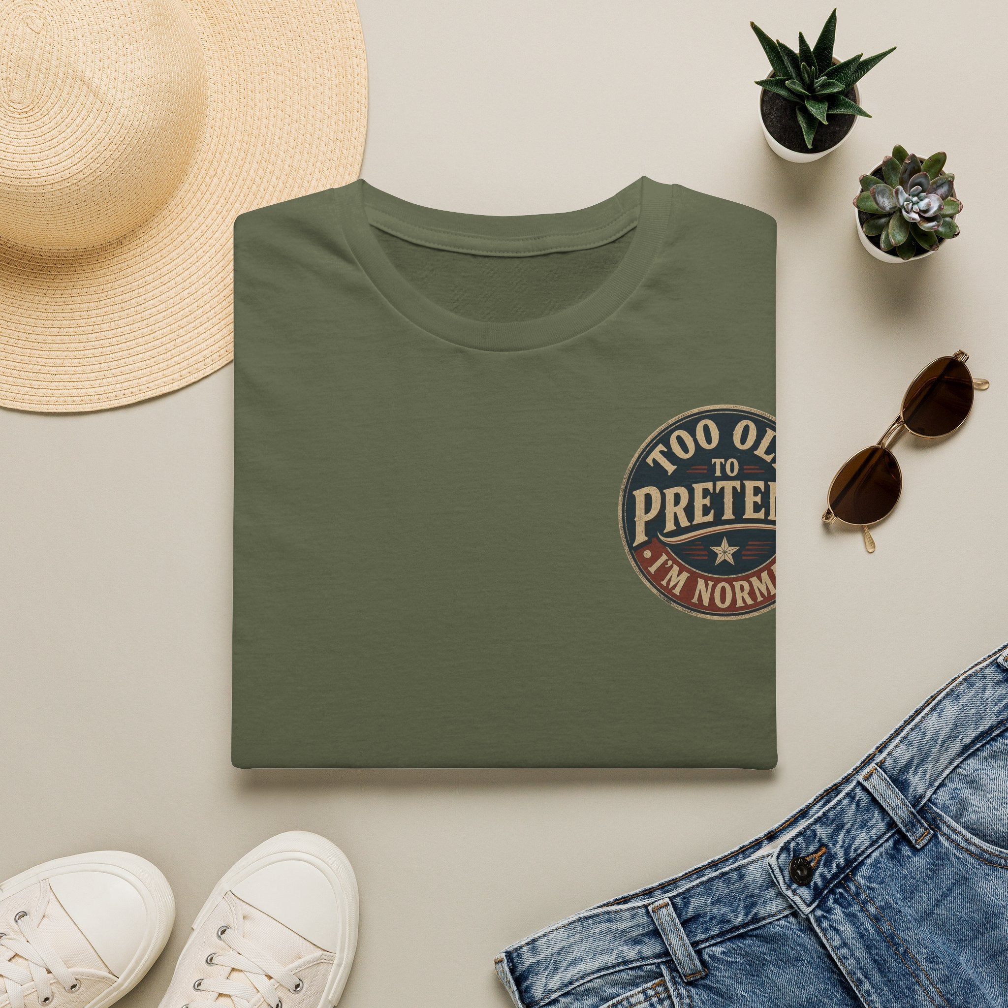 T-Shirt — "Too Old to Pretend I'm Normal" Vintage Badge Tee