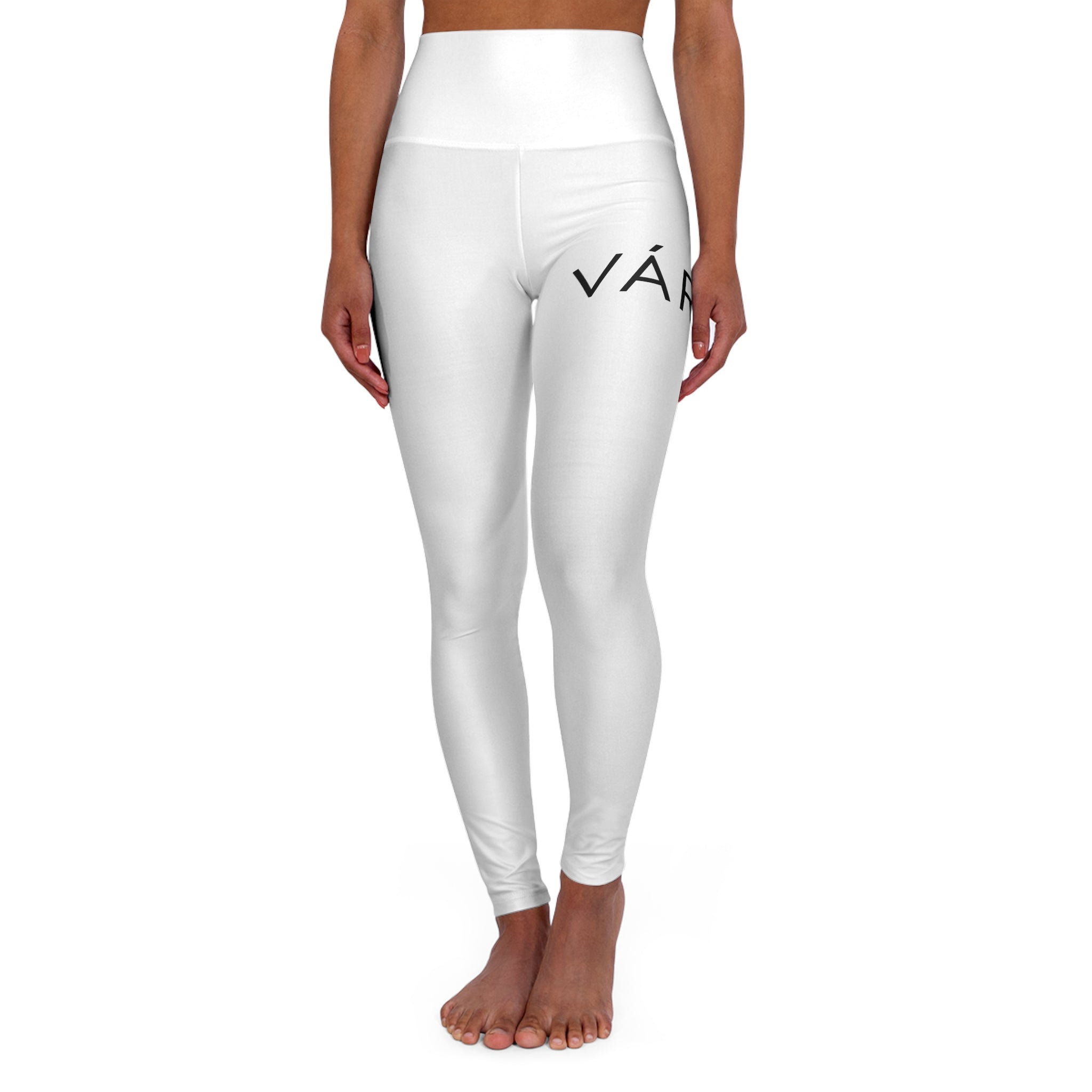 High-Waisted Yoga Leggings — Minimal White AOP with VÁNN Accent
