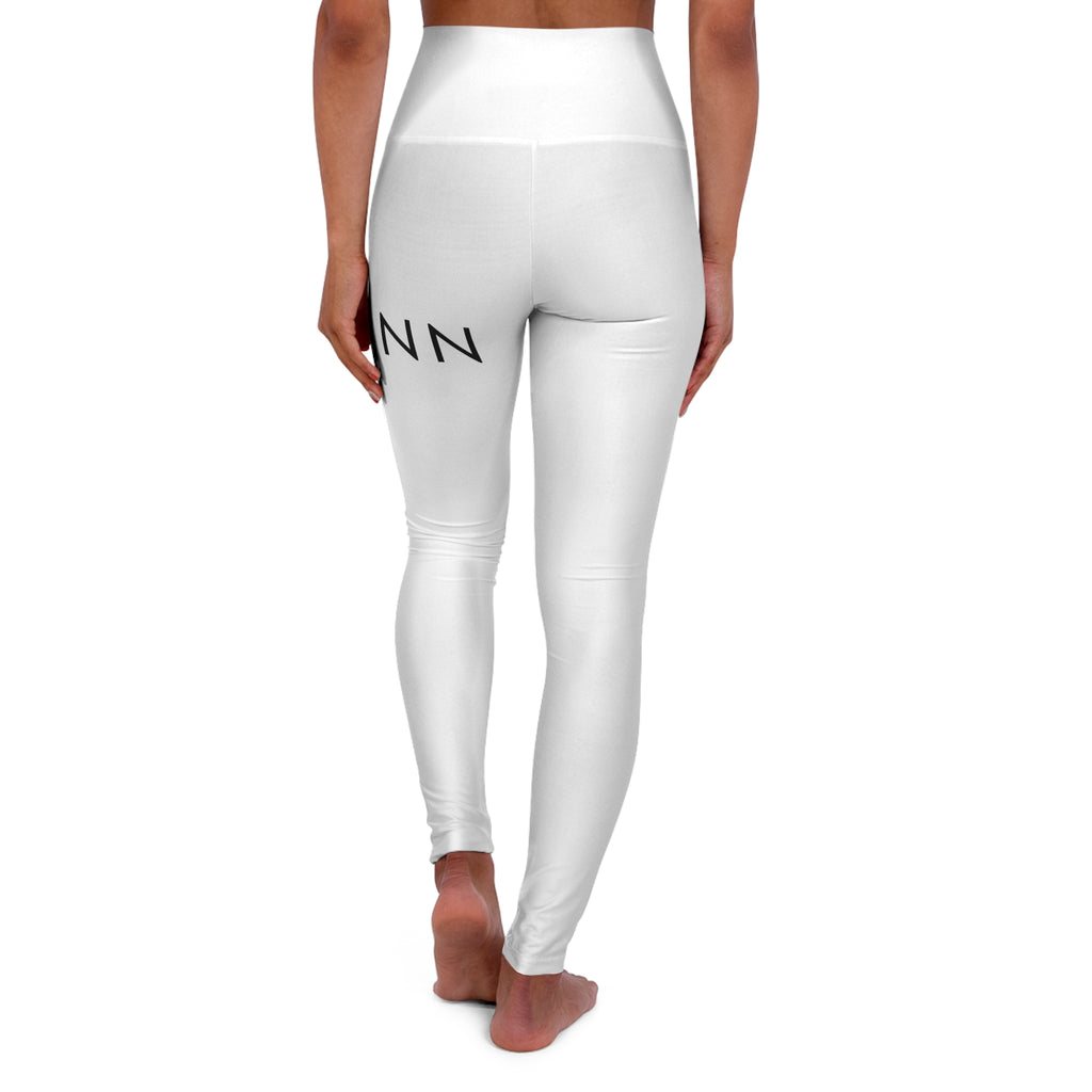 High-Waisted Yoga Leggings — Minimal White AOP with VÁNN Accent