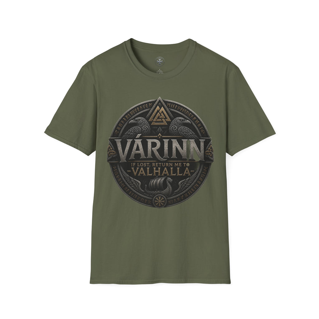Várinn Valhalla Shield T-Shirt — Norse Viking Symbol Tee
