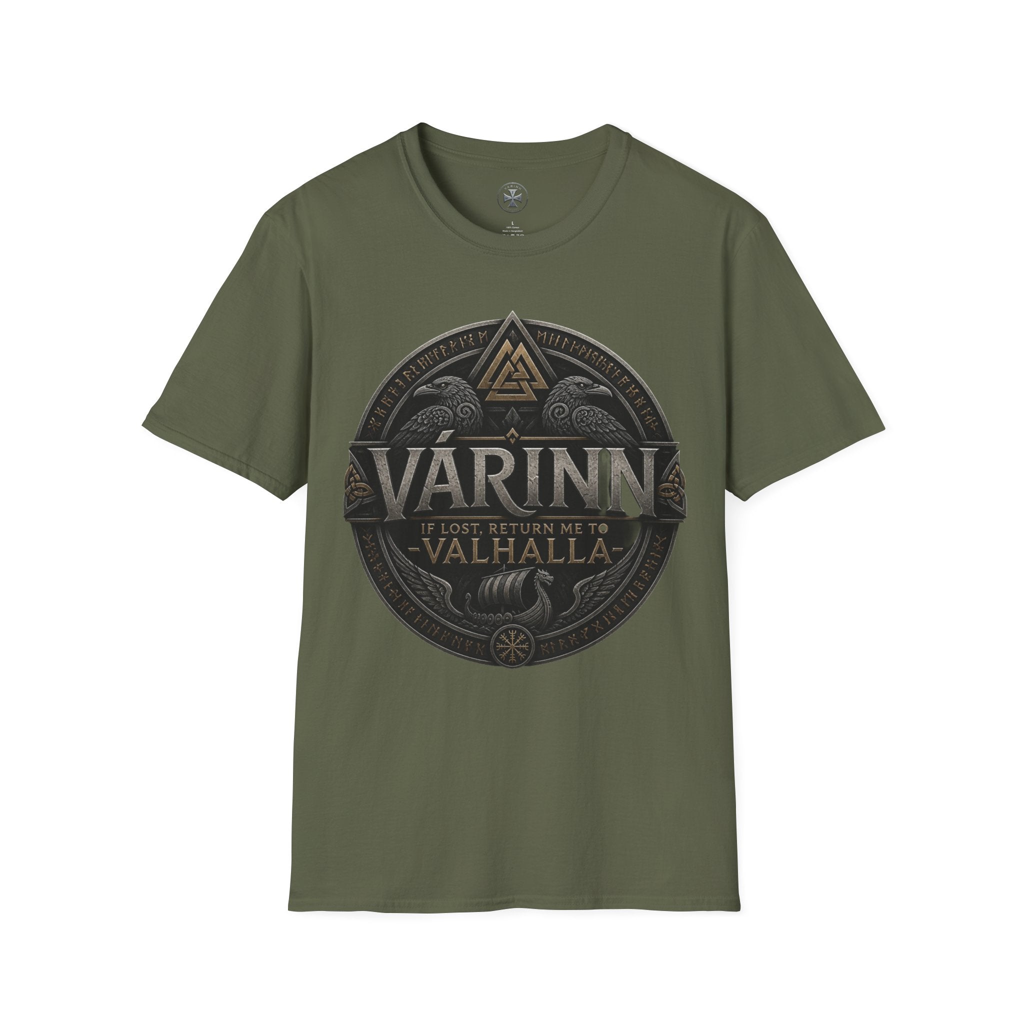 Várinn Valhalla Shield T-Shirt — Norse Viking Symbol Tee