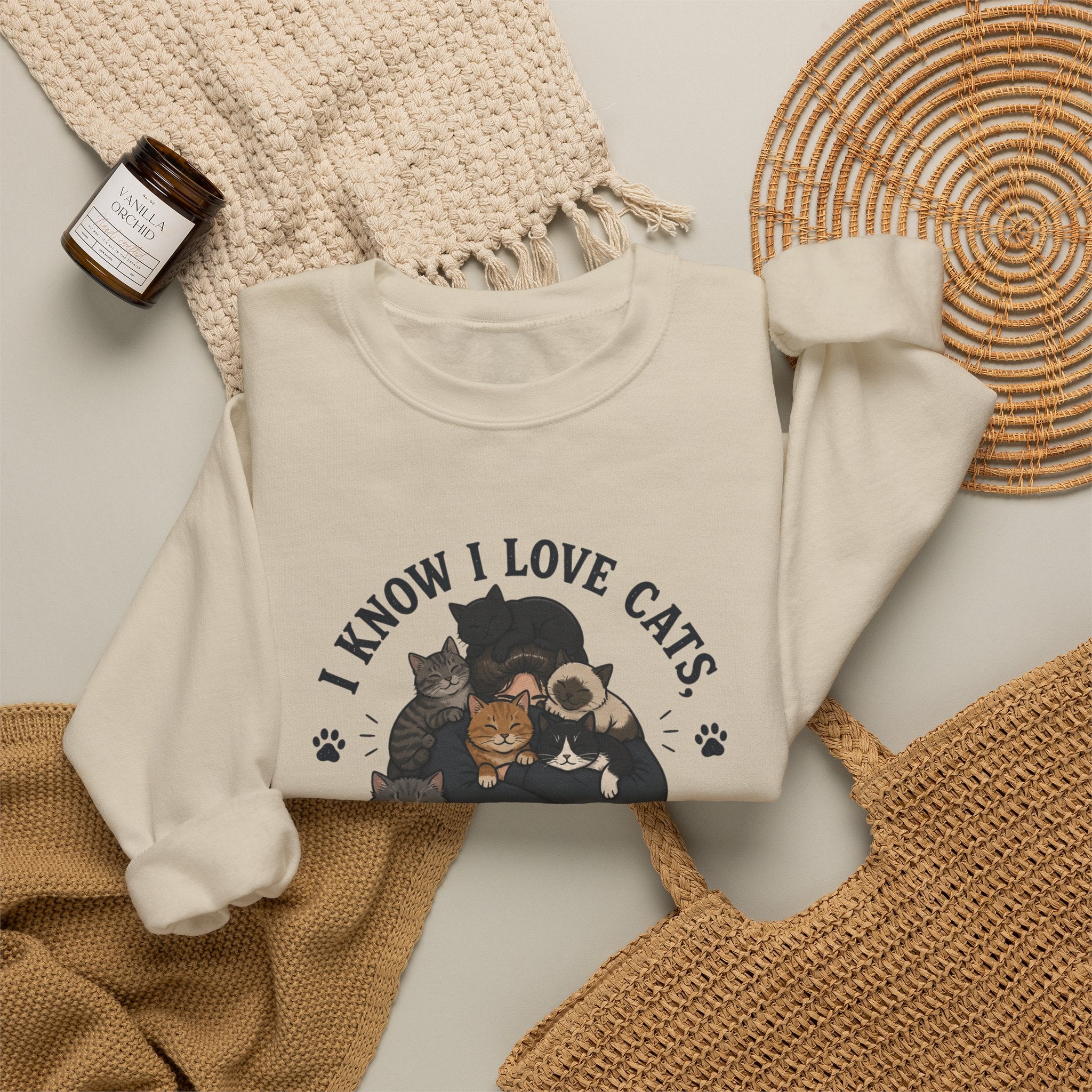 Cat Lover Crewneck Sweatshirt — "I Know I Love Cats But This Is Ridiculous" Graphic