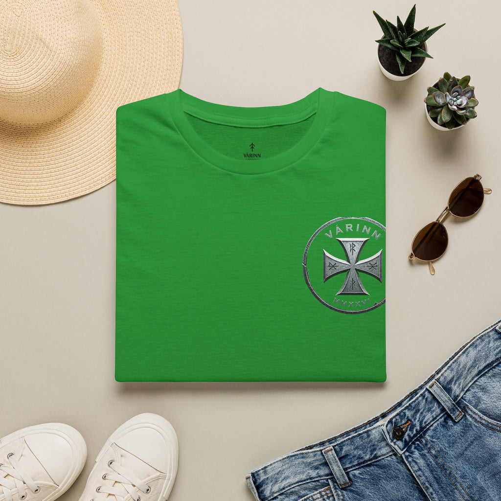 Badge T‑Shirt — Minimalist Maltese Cross Chest Logo