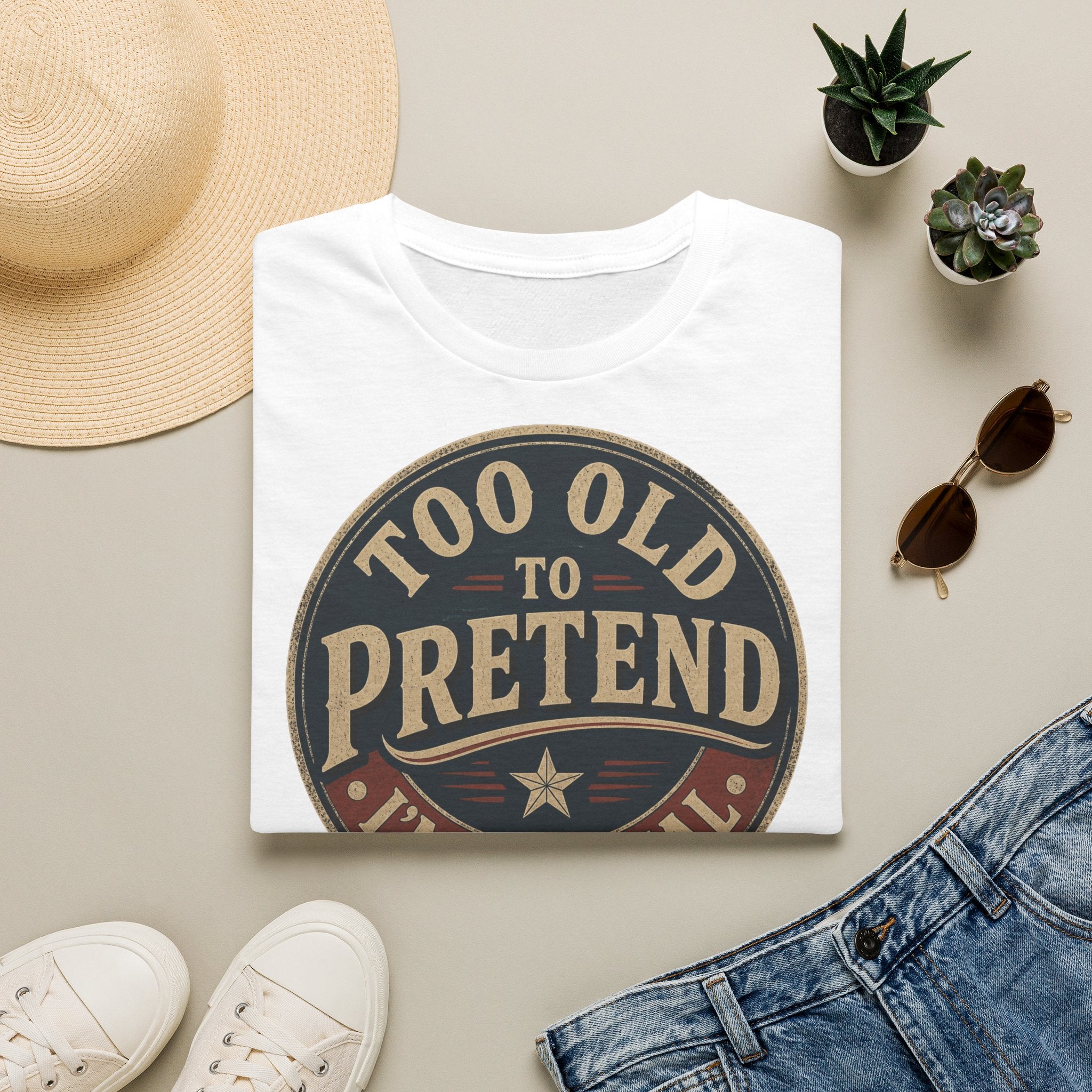 Too Old to Pretend T‑Shirt — Vintage Retro Graphic Tee ("Too Old to Pretend I'm Normal")