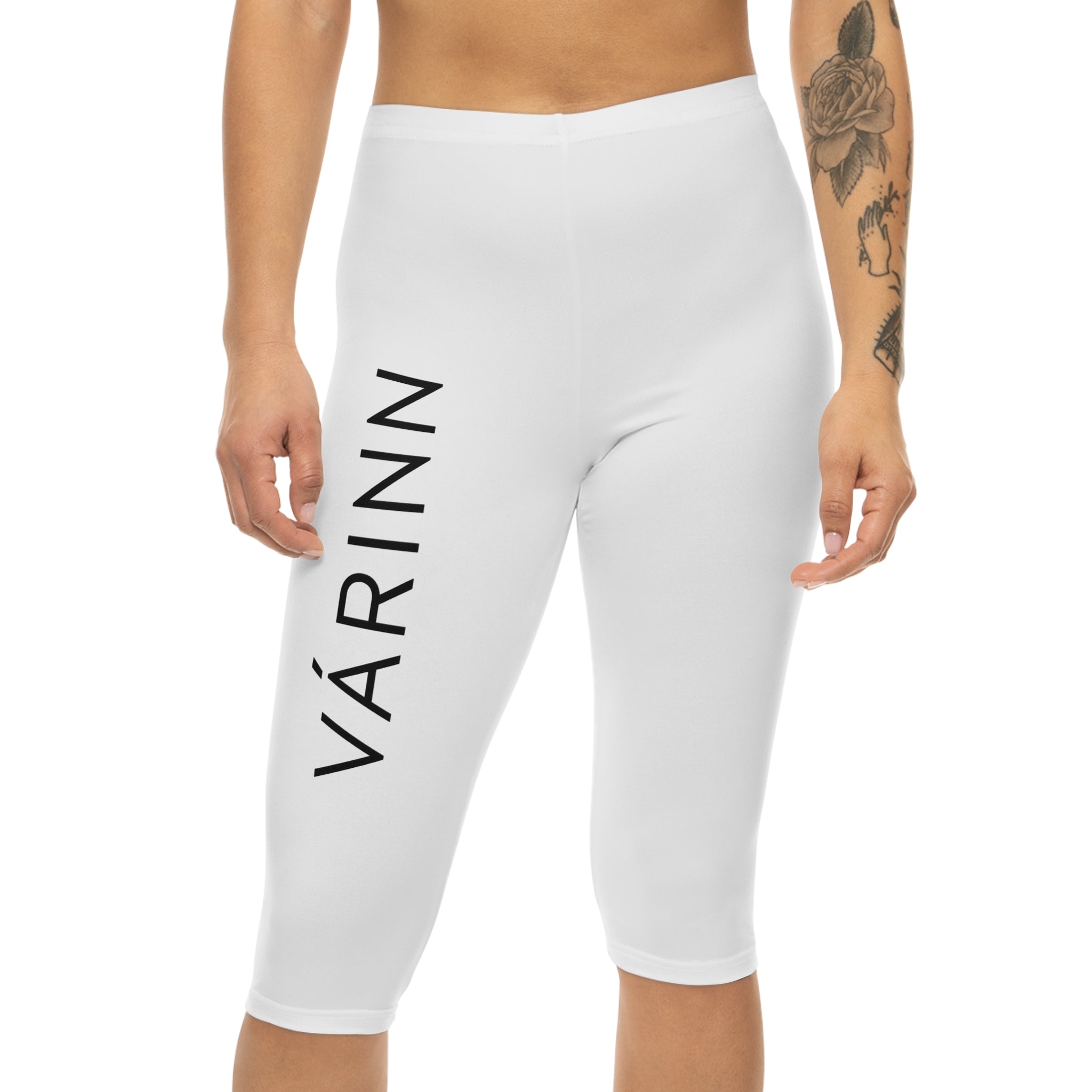 VÁRINN Vertical Logo Capri Leggings — Minimal White Activewear