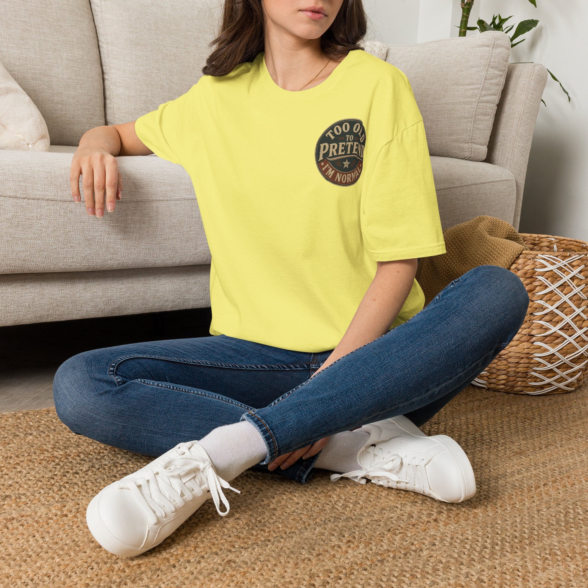 T-Shirt — "Too Old to Pretend I'm Normal" Vintage Badge Tee