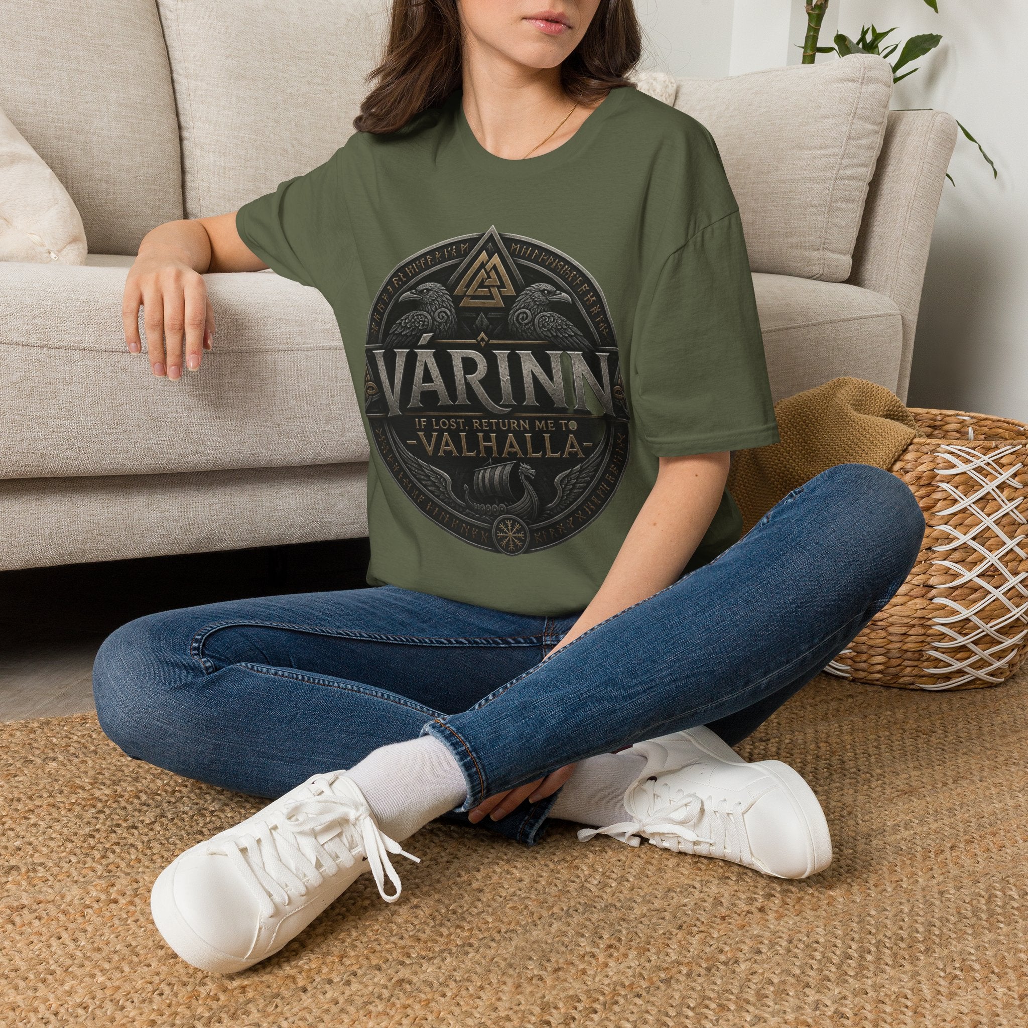 Várinn Valhalla Shield T-Shirt — Norse Viking Symbol Tee