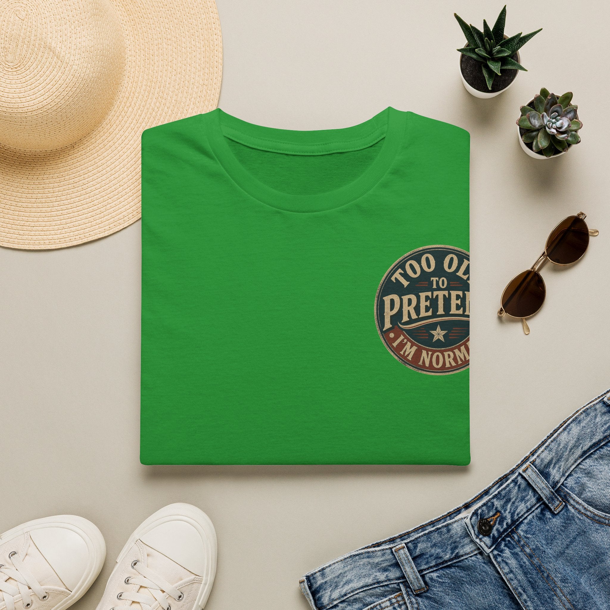 T-Shirt — "Too Old to Pretend I'm Normal" Vintage Badge Tee
