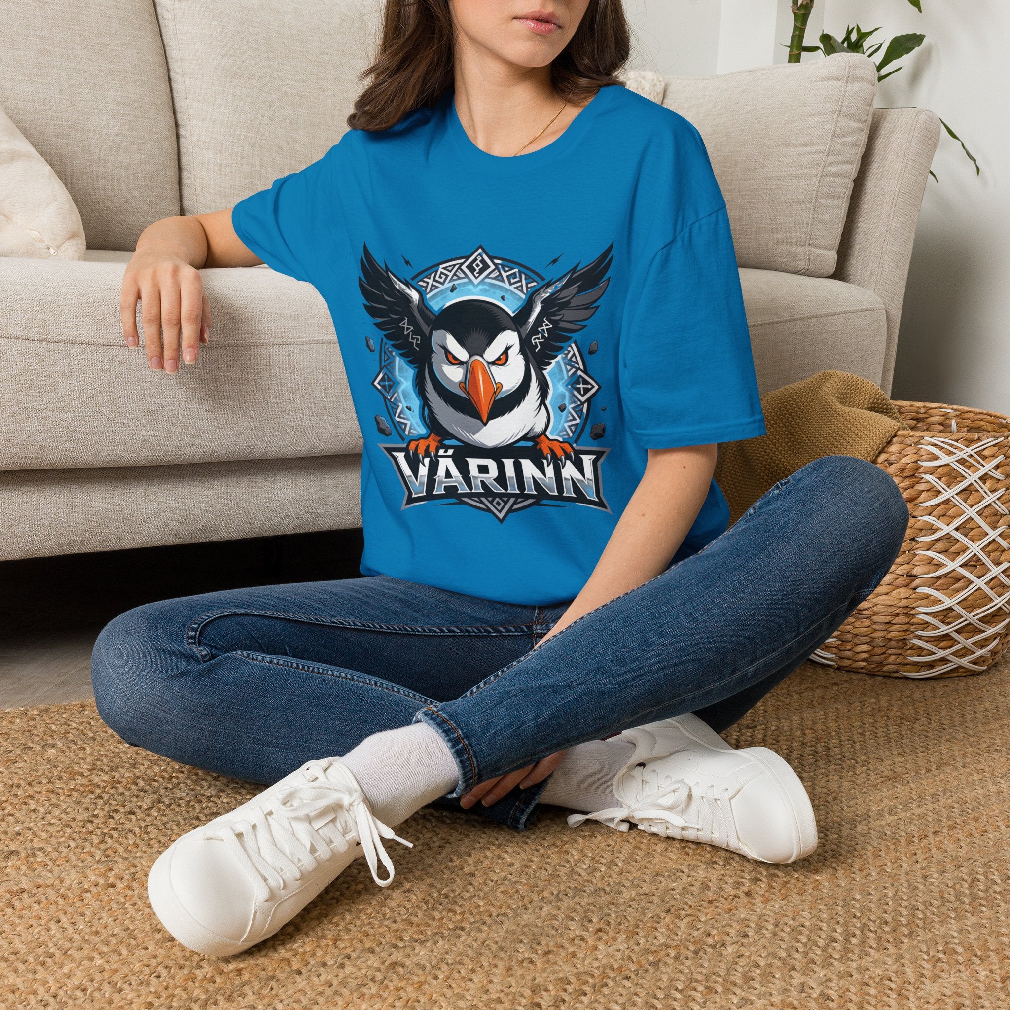 Viking Puffin T-Shirt — Bold Nordic Bird Graphic with "Várinn" Text
